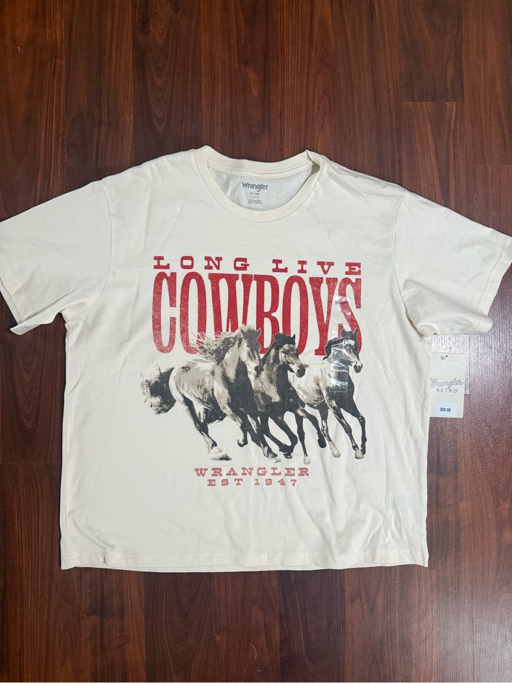 Wrangler Cream Cropped Tee with Red 'Long Live Cowboys' Horse Graphic